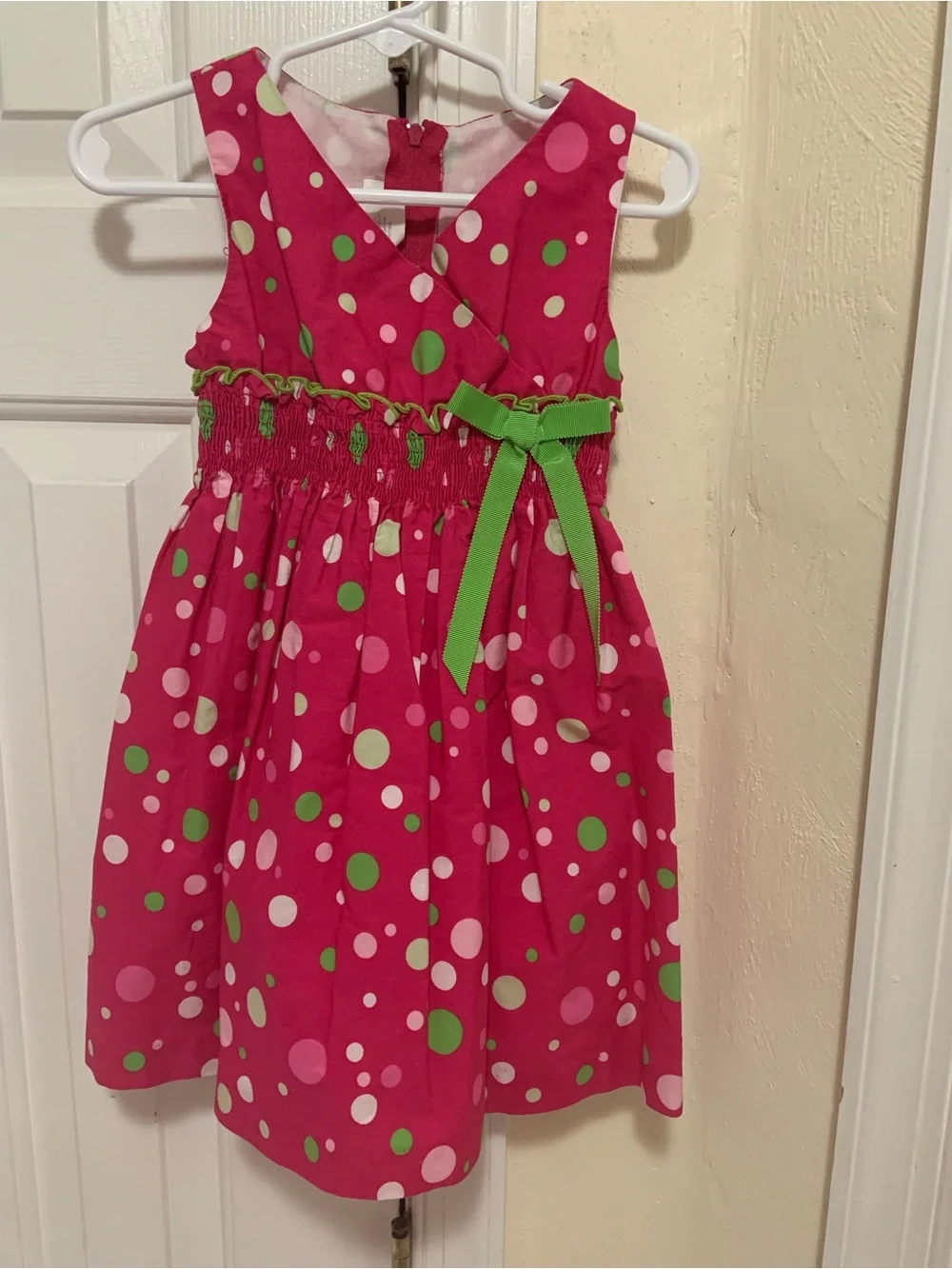 Bonnie Jean Hot Pink Polka Dot Dress with Green Bow
